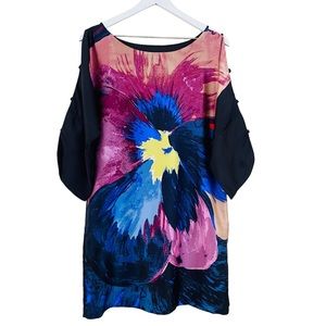Tibi 100% Silk Stunning Colorful Floral Print Lattice Cold Shoulder Dress Size 6